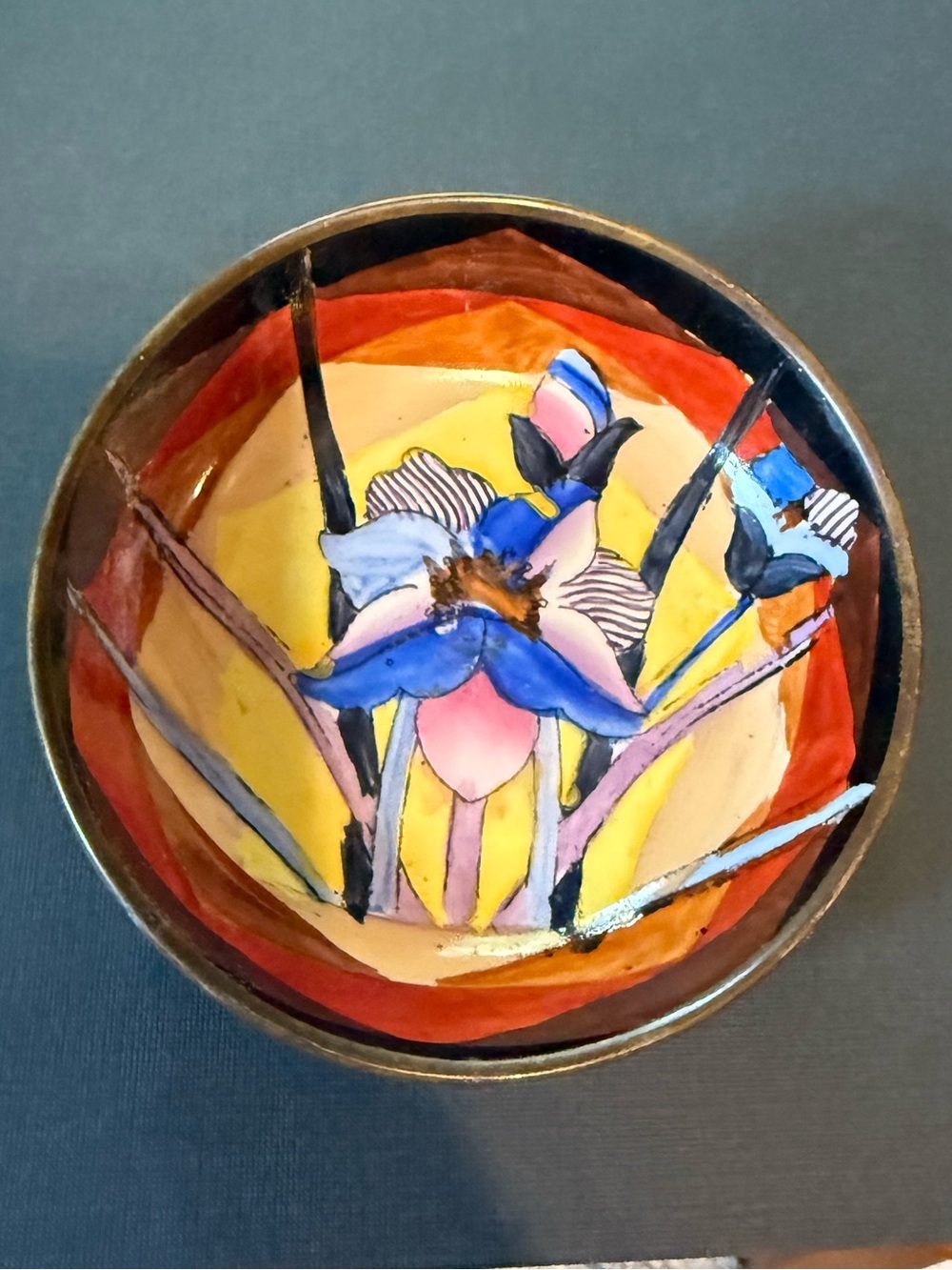 Hand-Painted Chinese Porcelain Bowl Encased in Brass Floral motif - vintage